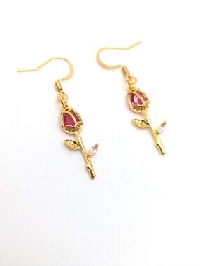 Crystal Rose On Stem, Drop Earrings